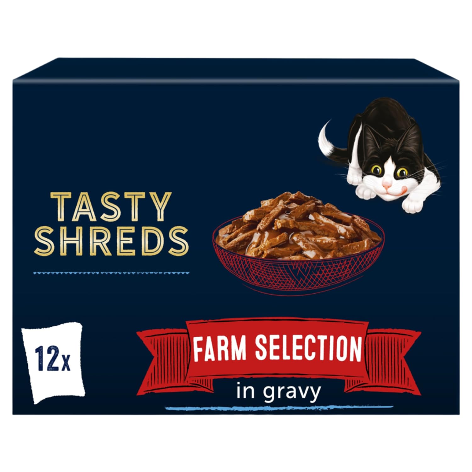 Tasty Shreds Adult Wet Cat Food Farm Selection in Gravy 12x80g - Savoury Shredded Pieces in Gravy, Offering a Variety of Beef, Chicken, Duck, and Turkey Flavours