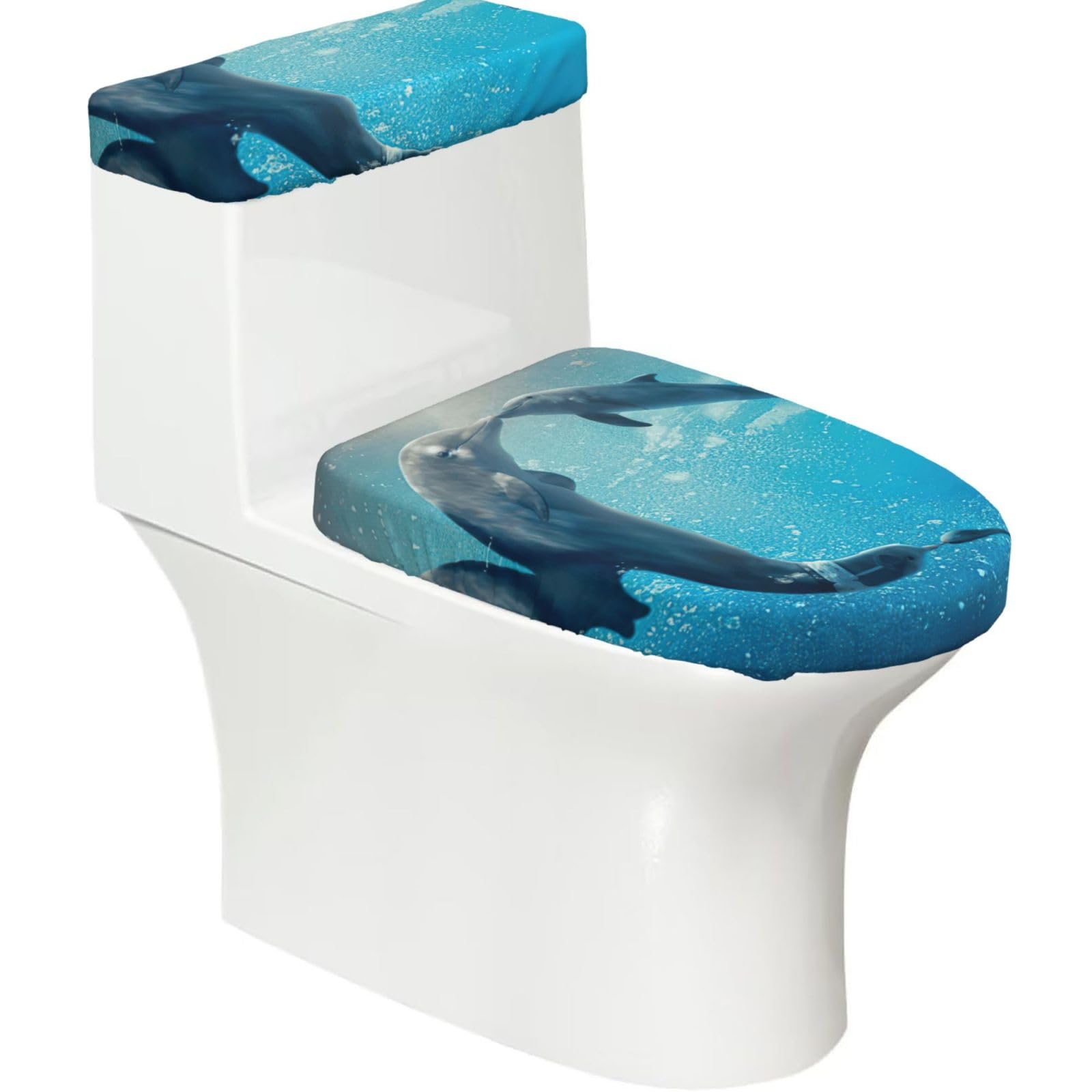 Winter The Dolphin Print 2-Piece Stretch Toilet Cover Set, Elastic Breathable Toilet Seat and Tank Lid Protector