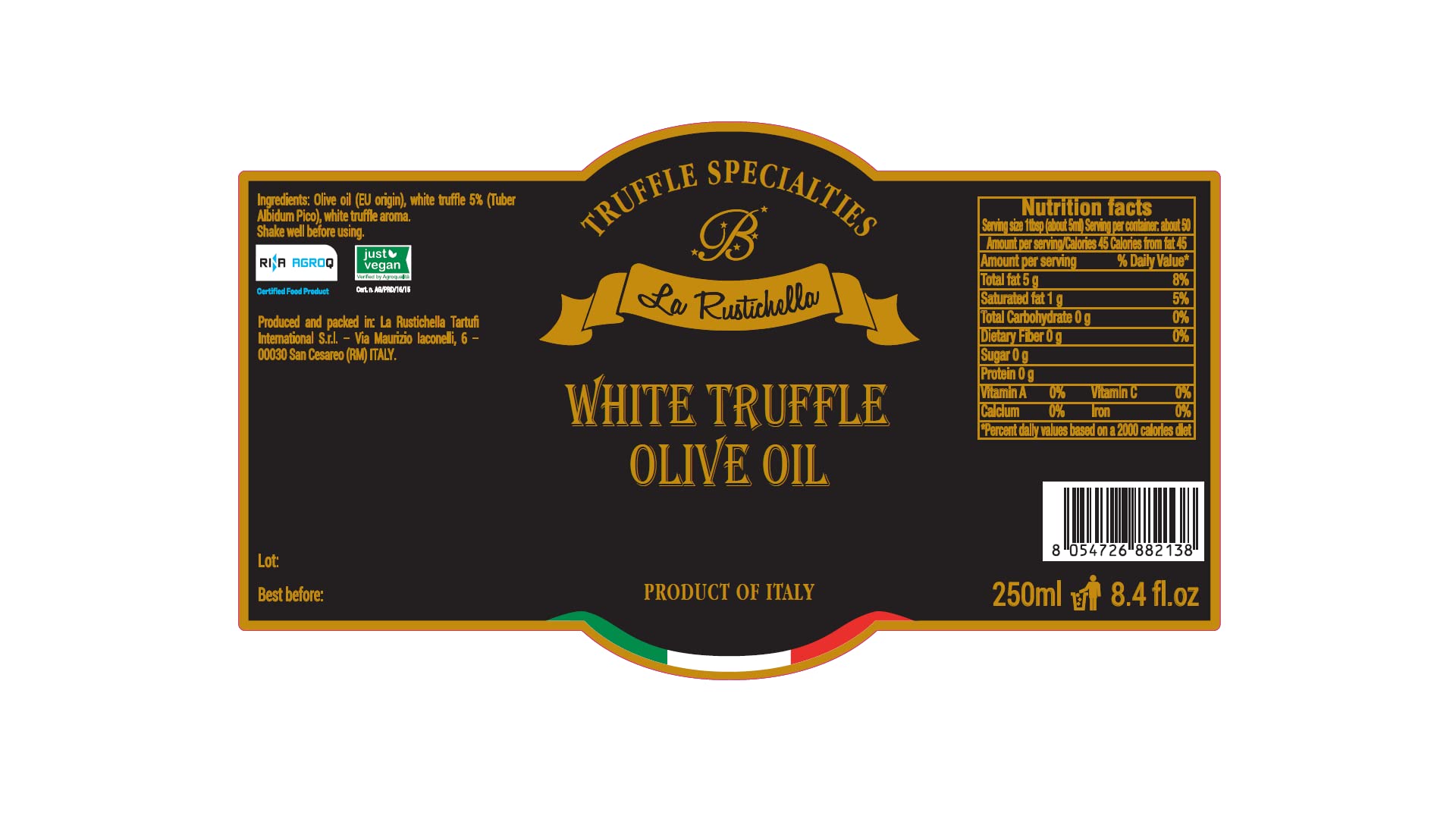 La Rustichella - Aceite de Oliva de Trufa Blanca 250ml , Vegano , Sin Gluten , Sin Colesterol - Delicadeza Italiana