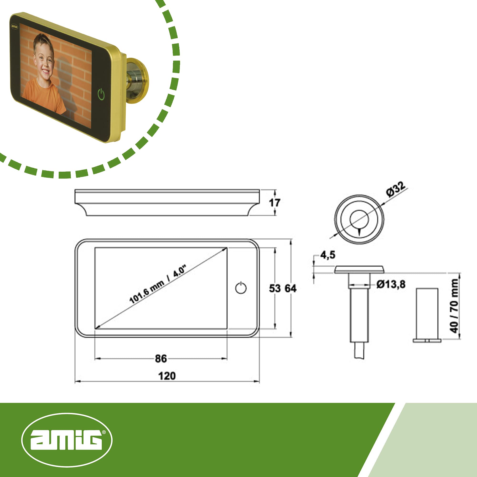 Amig - Judas de porte numérique | Écran LCD TFT 4" | Angle de vision : 160° | Images claires | Installation et utilisation faciles | Couleur : Or