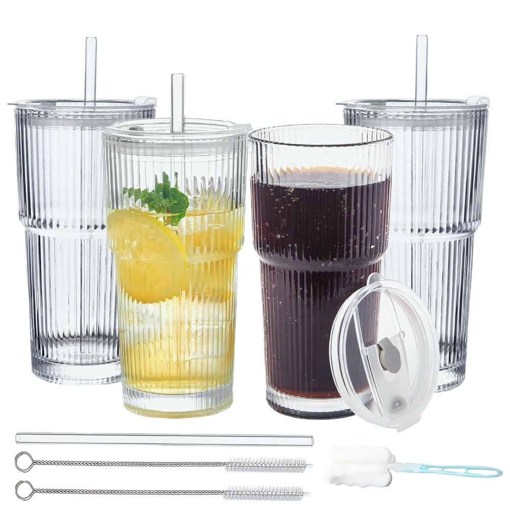 Kongming 4 Pack 600mL Iced Coffee Cup Set,Ribbed Glass Tumbler with Straw and Lid,Durable Leakproof Iced Latte Glass with Straw Brush and Cup Brush,Ideal for Cold Drinks,Smoothies,Cocktails & Matcha