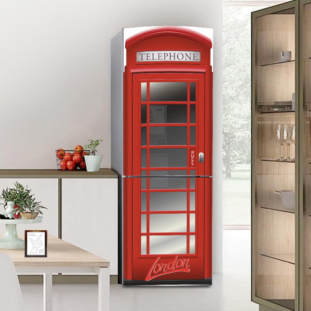 Fridge Sticker, Fridge Sticker Full Covering Door Covers Decor, Freezer Skins wall Stickers for Kitchen Decal, Retro red Telephone Booth London(M: 60x180 cm)