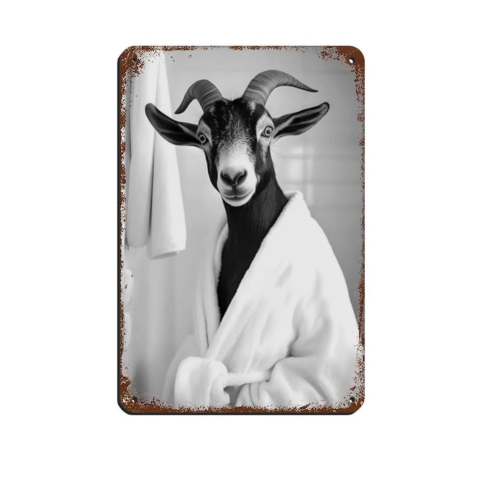 Goat Wearing A Bathrobe, Funny Bathroom Art Retro Poster Metal Tin Sign Chic Art Retro Iron Painting Bar People Cave Cafe Family Garage Poster Wall Decoration 8x12inch(20x30cm)