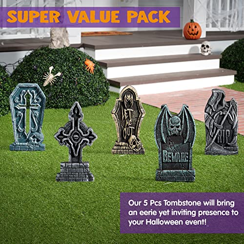 Image of JOYIN 17 inch Halloween Decorations Outdoor Tombstones, 5 Pack Halloween Foam Graveyard Headstone Decorations with 12 Bonus Metal Stakes for Yard Lawn Outside Decor