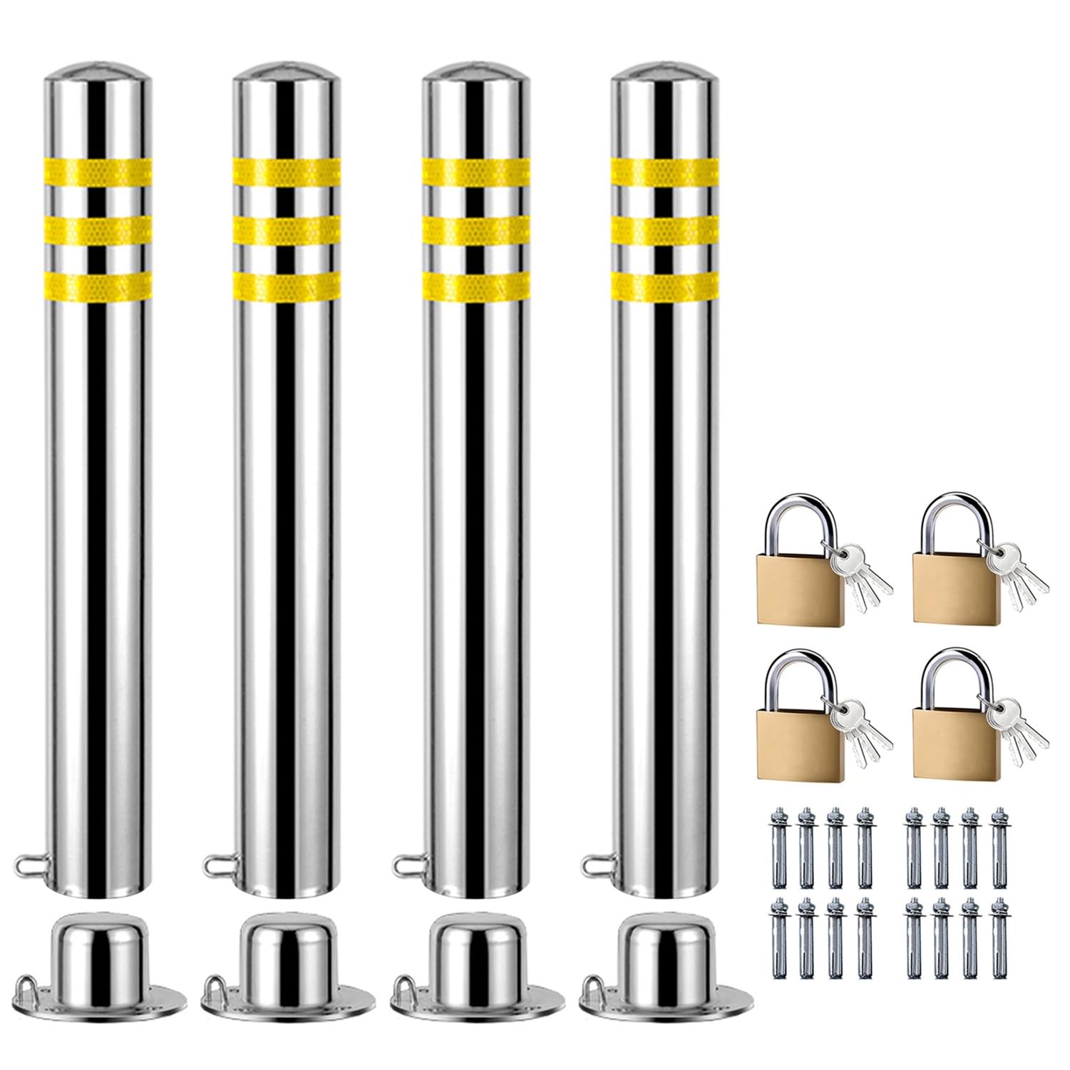 Aioneer 4 Pack Removable Stainless Steel Security Bollards - Reflective Traffic Barriers, Lockable Driveway Parking Posts, Durable Anchor Bolts For Enhanced Safety & Control
