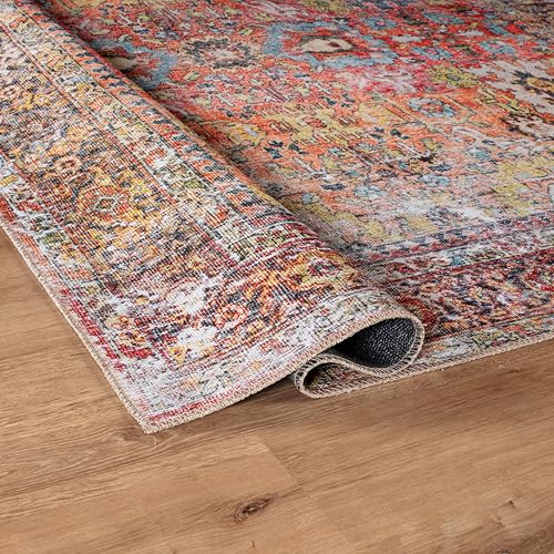 Rugshop Multi Transitional Distressed Round Area Rug — Machine Washable & Non‑Slip, 6' 6" Round for Dining Room, Living Room and Entryway