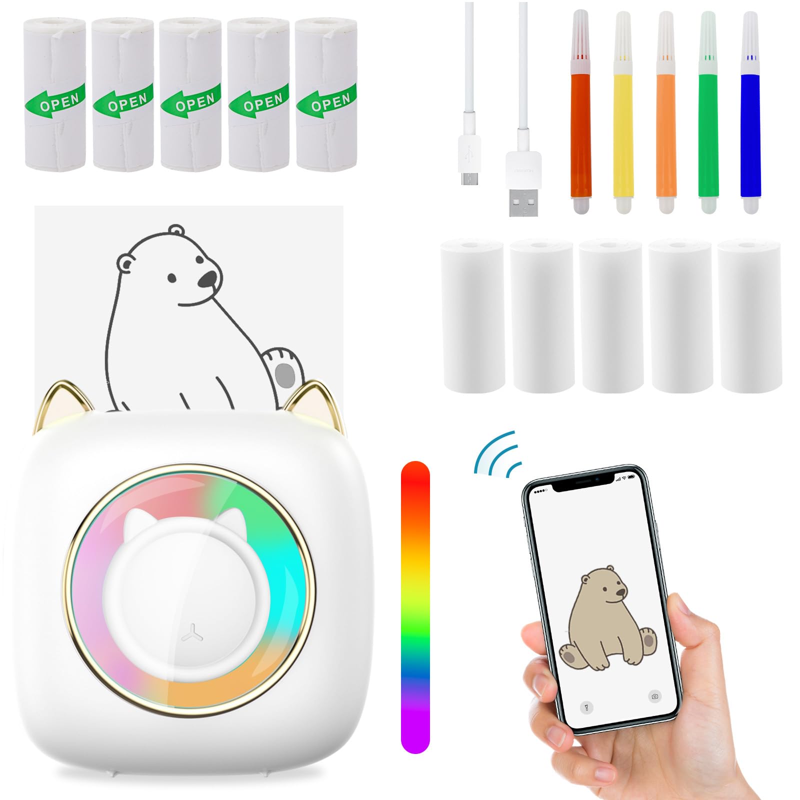 Hiyorsoa Sticker Printer,Bluetooth Mini Printer with 13 Rolls Thermal Paper,19 Pcs Portable Thermal Printer,Wireless Bluetooth Inkless Printer,Pocket Printer for iphone Android/ios