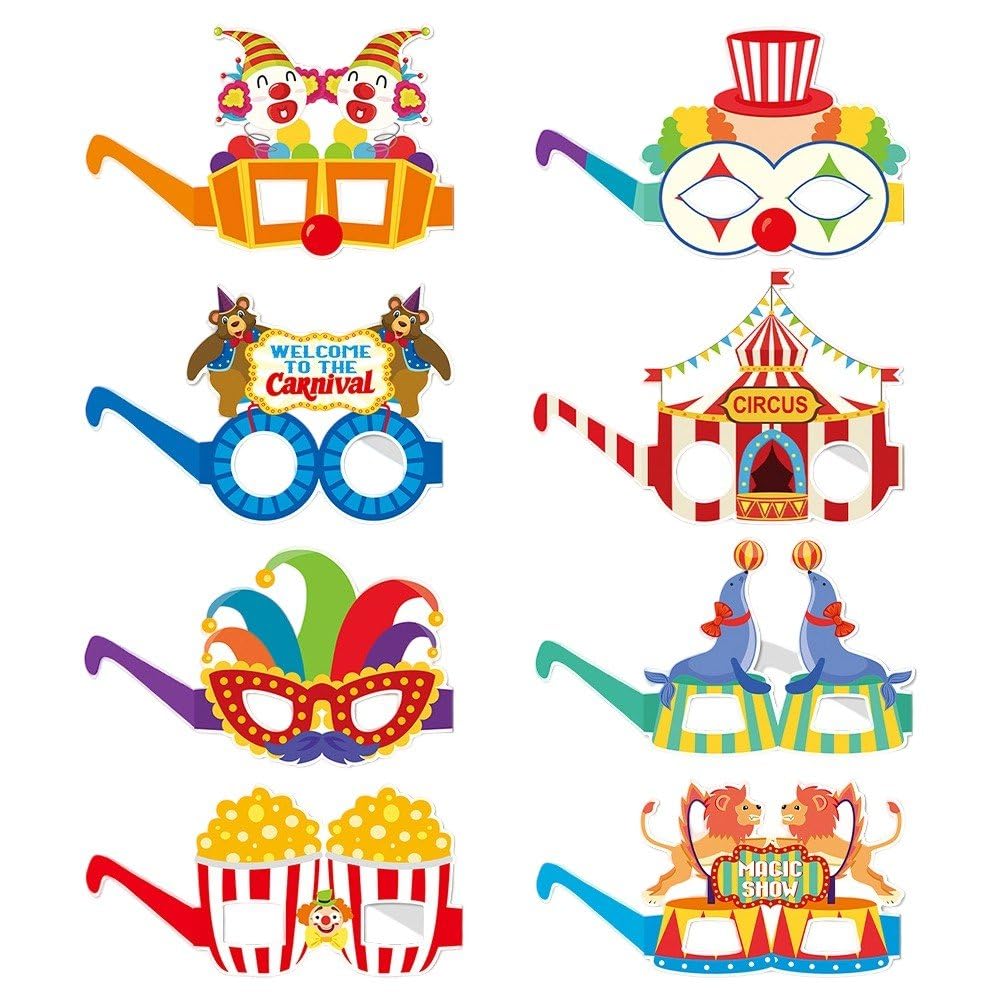 Ppmter 8 Pcs Carnival Clown Paper Glasses Circus Party Decorations Paper Circus Eyeglasses Carnival Photo Props Birthday Baby Shower Party Supplies