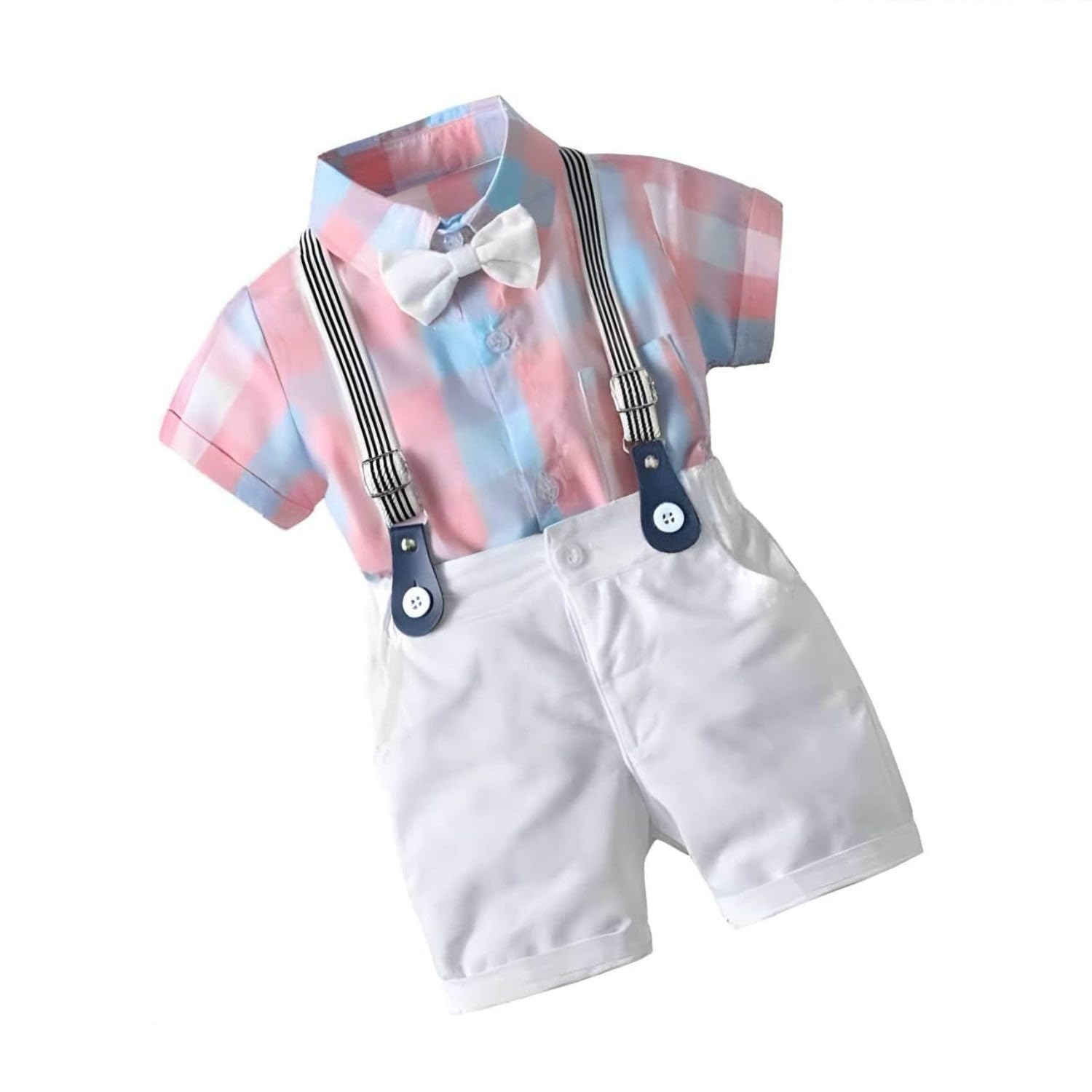 DsnsenterprizeKids Boys Printed Cotton Short Sleeve Collared Neck Ethnic Wear Spandex Shirt & Shorts with Bow tie.