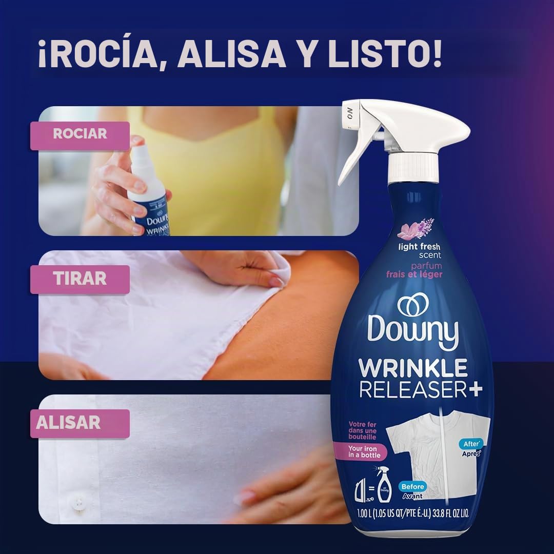 Downy Spray liberador de arrugas, spray todo en uno, eliminador de olores, removedor de estática, refrescante de tela y ayuda de planchado para ropa, 33.8 onzas líquidas, aroma fresco ligero