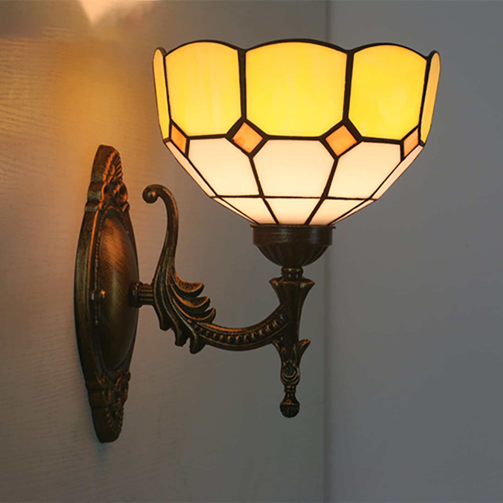 NHPJFDC 8 Inch Mini Tiffany Wall Sconce, Pastoral/Baroque/Mediterranean/Cream Amber Bead Style Stained Glass Wall Light, Handicrafts Wall Lamp For Hotel Room Corridor Library
