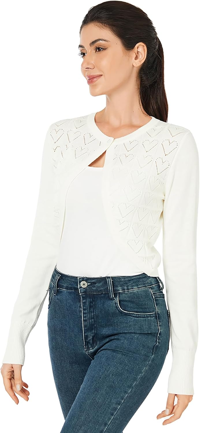AmélieBoutik Women Cropped Cardigan Long Sleeve Lightweight Shrug Heart Hollowed-Out Knit Sweater Tops - Image 2