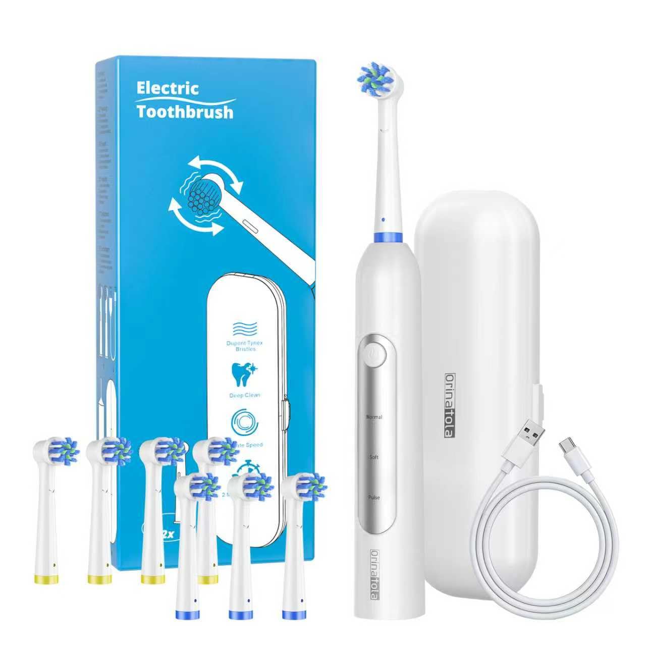 Orinatola Elektro Zahnbürste Inkl 8 Aufsteckbürsten, Reise etui und 3 Putzmodi für Zahnpflege Elektrische Zahnbürste mit 2m Smart Timer 10,000 Schwingungen pro Minute Liefert (White)