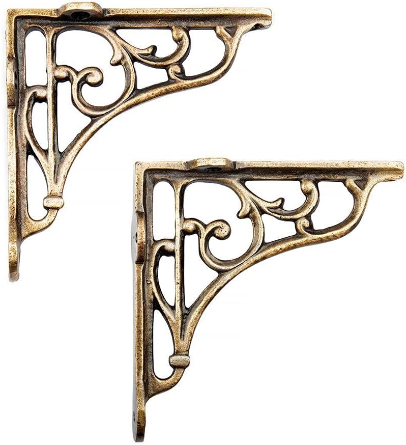 Classic Victorian Scroll Shelf Brackets - Pair in Antique Brass 6X6 inches