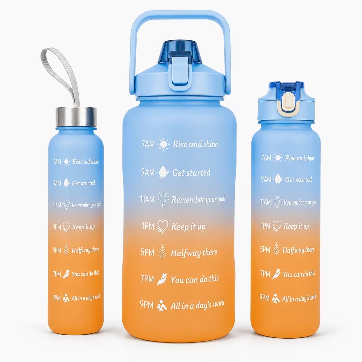 FYNORA 3-Piece Motivational Water Bottle Set with Time Markings & Straws, Leakproof BPA-Free Reusable Sports Drinking Bottles for Gym, Fitness, Work, Travel, Home & Daily Hydration Needs. (ORANGE)