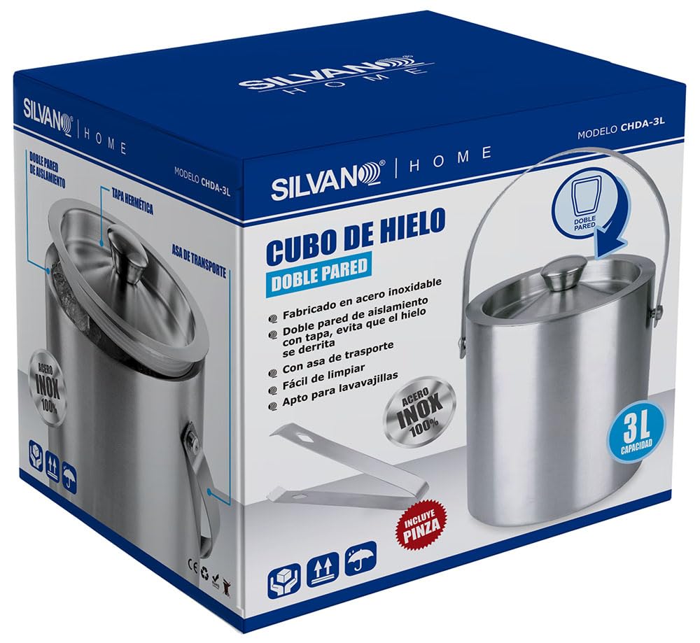 Cubo de Hielo 3L Silvano, Acero Inoxidable, Paredes de Doble Aislamiento, Tapa Hermética, Asa para Transporte, Apto para Lavavajillas, Limpieza Fácil y Simple, Incluye Pinza