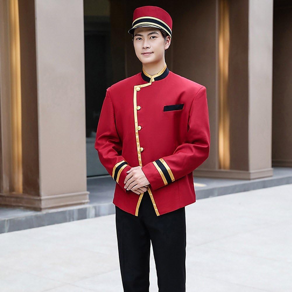 Uniforme De Portier D'hôtel avec Chapeau, Uniforme Rouge Professionnel D'hôtel, Tenue De Réceptionniste, Serveur, Chauffeur, Uniforme De Service À Manches Longues