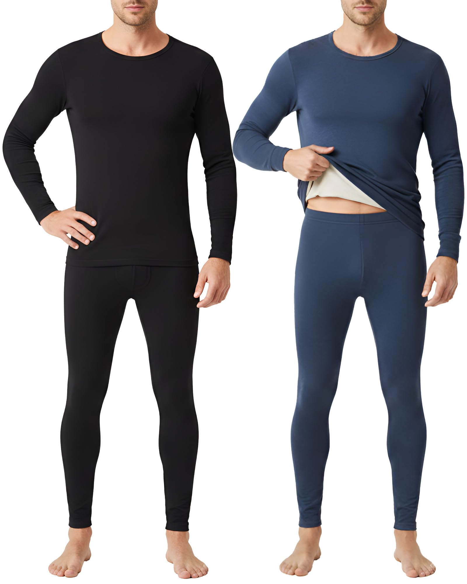 2 Pack Thermal Underwear for Men Fleece Lined Winter Base Layer Set Long Sleeve Crew Neck Top and Bottom