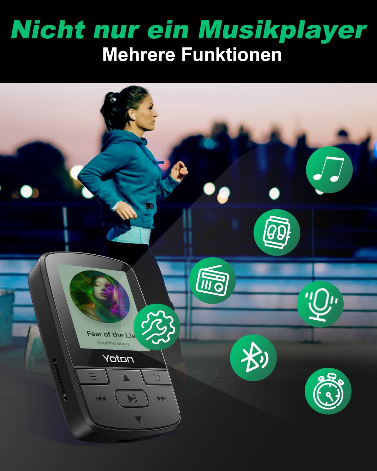 Yoton MP3-Player mit Bluetooth 5.2, HiFi-Klangqualität, FM-Radio, Sprachaufnahme, unabhängiger Lautstärkeregler, inkl. Kopfhörer, erweiterbar auf 128 GB SD-Karte (ohne SD-Karte)