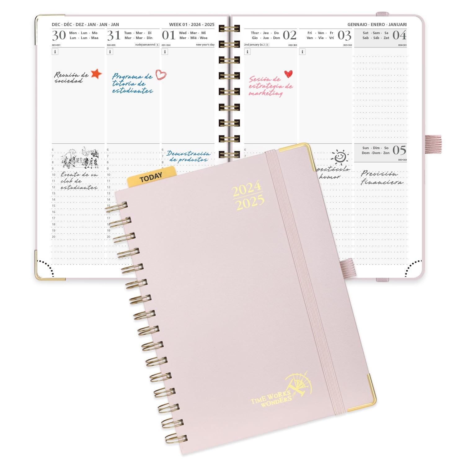POPRUN Agenda 2024 2025 Semana Vista 21,5 x 16 cm, Tapa Dura Agenda Escolar 17 Meses Semanal de Ago.2024 a Dic.2025, Regla de Plástico, 80 GSM Papel, Rosa Claro