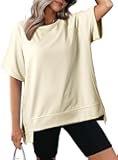 Womens Summer Tops Oversized T Shirts Loose Crewneck Short Sleeve Plus Size Tops Casual Lightweight Blouse High Low Basic Tshirts Tee Blouses for Women Fashion 2025 Trendy Apricot Large