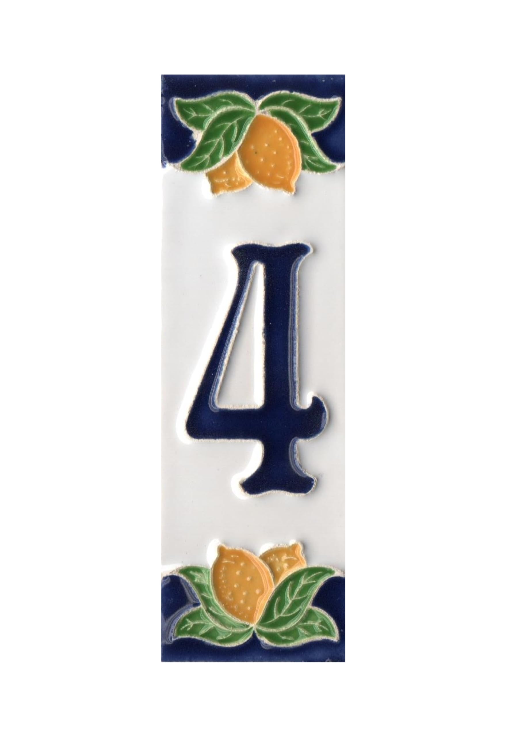 House Numbers, Italian Ceramic Numbers & Letters Tiles, Lemon Design, Tile Size: 10cm x 3.3 cm (Letter F) (Number 4 tile)