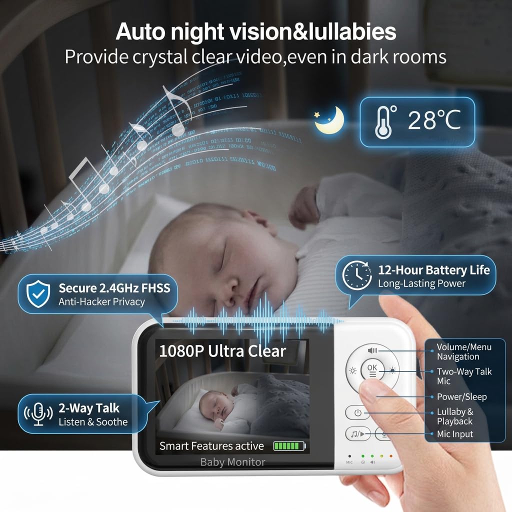 Baby Monitor con fotocamera e audio, display LCD da 3,2 pollici, visione notturna, sensore di temperatura, conversazione a 2 vie, ninne nanne, promemoria alimentazione, modalità ECO, connessione