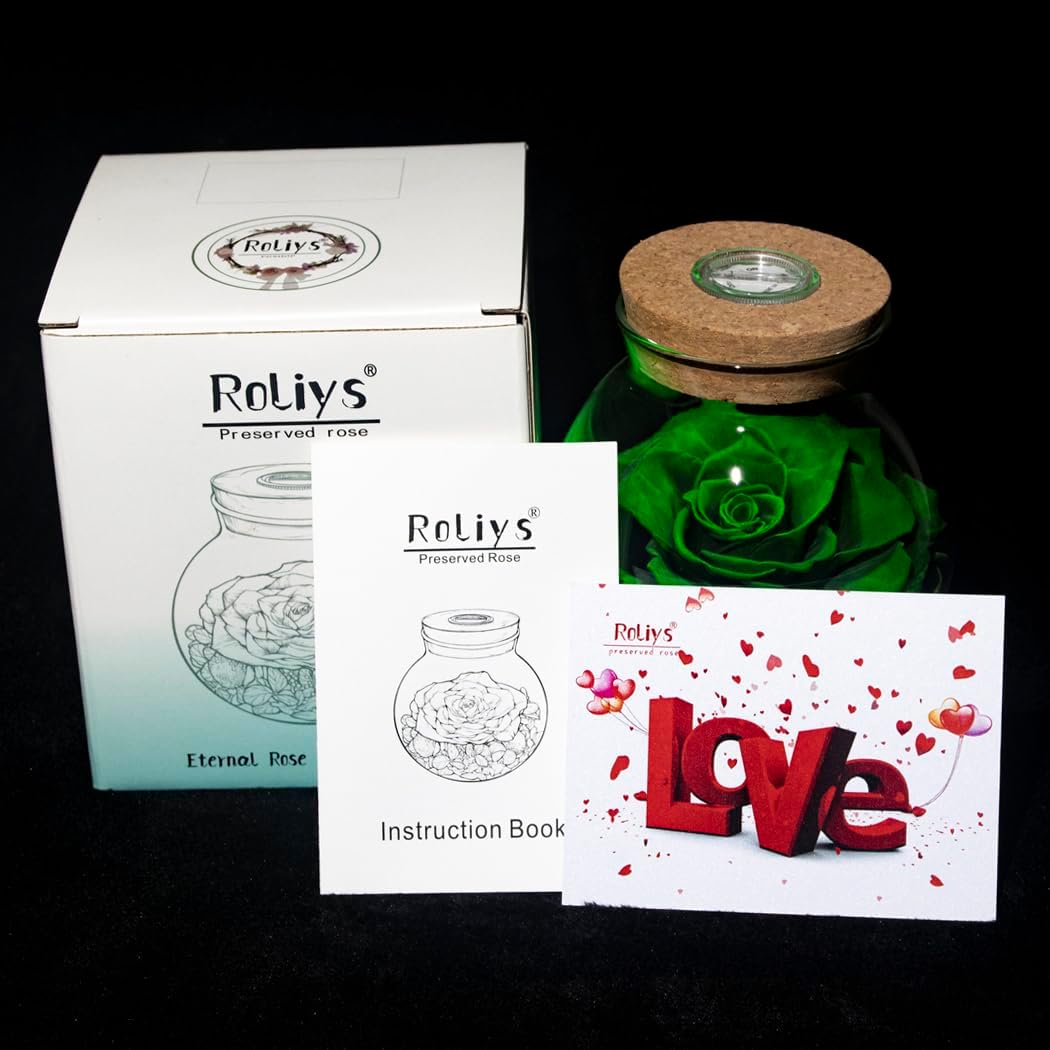 Preserved Real Roses with Colorful Mood Light Wishing Bottle,Eternal Rose,Never Withered Flowers,for Bedroom Party Table Decor, Christmas Decorations,a Gifts for Women 4.3inch1pcs (Green) - Image 3