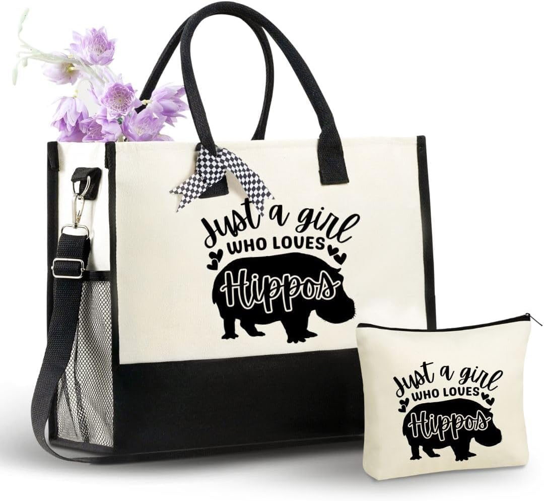 InnoBeta Hippo Gifts Canvas Tote Bag for Hippo Lovers Women, Hippopotamus Bag with Top Zipper Closure and Shoulder Strap for Thanksgiving, Christmas, Birthday, Mother's Day