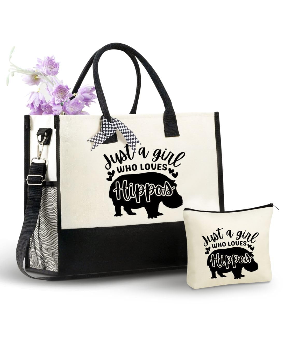 InnoBeta Hippo Gifts Canvas Tote Bag for Hippo Lovers Women, Hippopotamus Bag with Top Zipper Closure and Shoulder Strap for Thanksgiving, Christmas,
