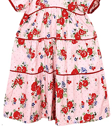 Image of Cotton Girls Three Tier Swirly Dress Frock with Piping and Puffed Balloon Sleeves