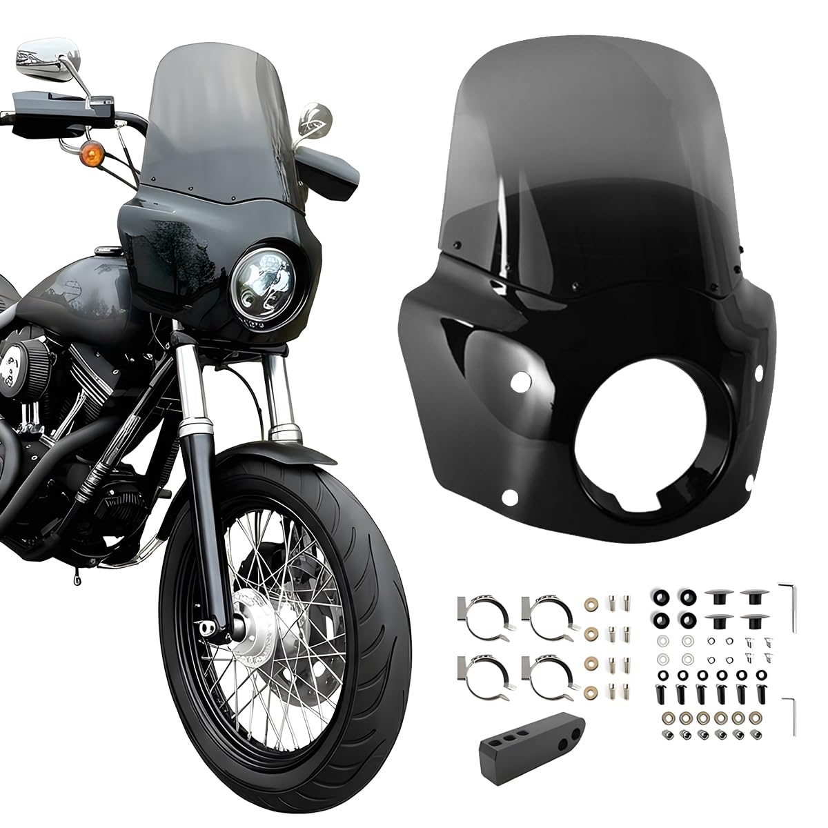 Motorcycle Fairing 5.75" Headlight Fairing with 13" Motorcycle Windshield 49mm Mounting Hardware for Harley Dyna FXD FXDC Street Bob FXDB Low Rider FXDL FXDLS Super Glide FXDI35(Smoke)
