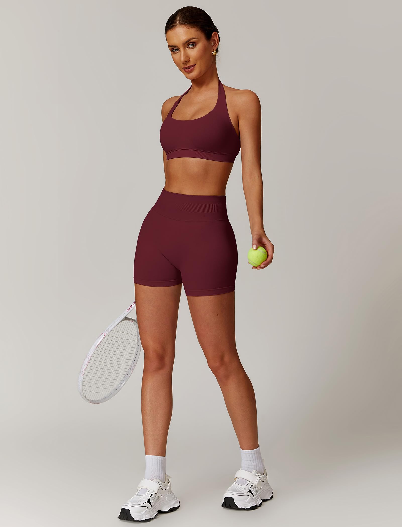 Odizli Damen Neckholder Sport BH + High Waist Shorts Zweiteiler Gym Workout Yoga Fitness Sportkleidung
