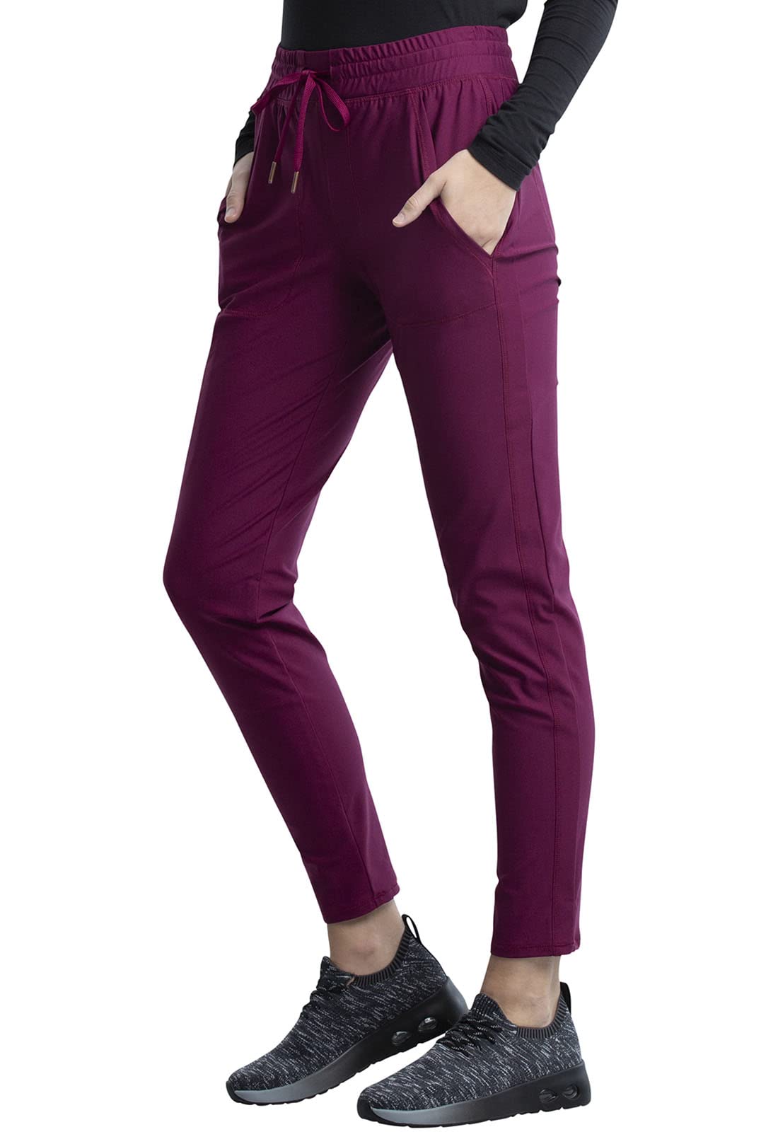 Cherokee CK095 - Conjunto de ropa quirúrgica para mujer, 7 bolsillos, cuello en V, dobladillo curvado CK840 y pantalón de pierna cónica de tiro medio con cordón