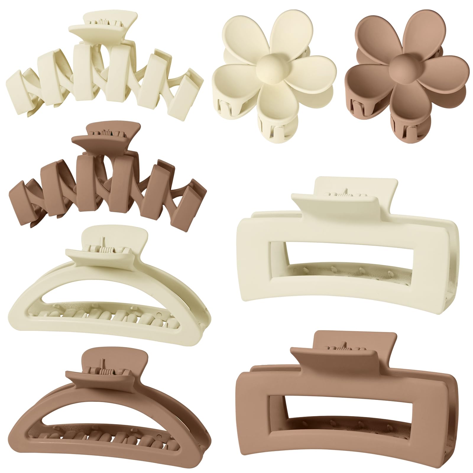 Assorted 8 Pieces Large Hair Claw Clips for Women, Flower Claw Clips for Thick Hair, Non-Slip Hair Accessories with Multiple Styles (Beige/Milk Coffee)