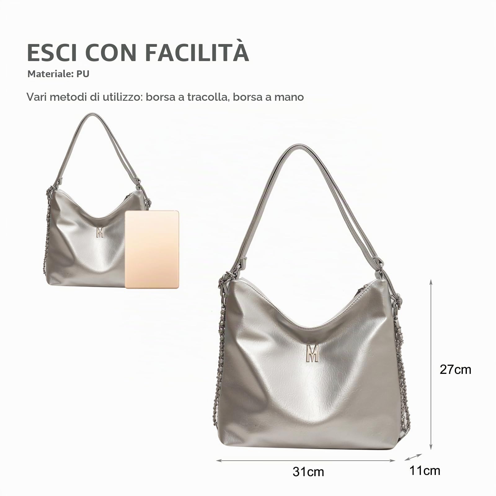 NICOLE & DORIS Borsa Donna Tracolla Grande Borsa a Spalla Moda Borsa a Mano Versatile Borse Hobo Pelle PU Zaino Convertibile Borsetta Shopper Argento