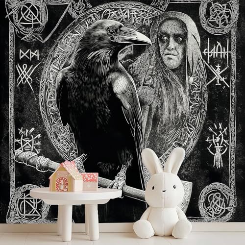 Genérico Papel Pintado No Tejido Decorativo Tradicional Personajes Vikingos Aves Tema, Ideal para Pared Trasera de TV Salón y Habitación de Los Niños, 150 x 105 cm Papel Pintado Removible, Negro