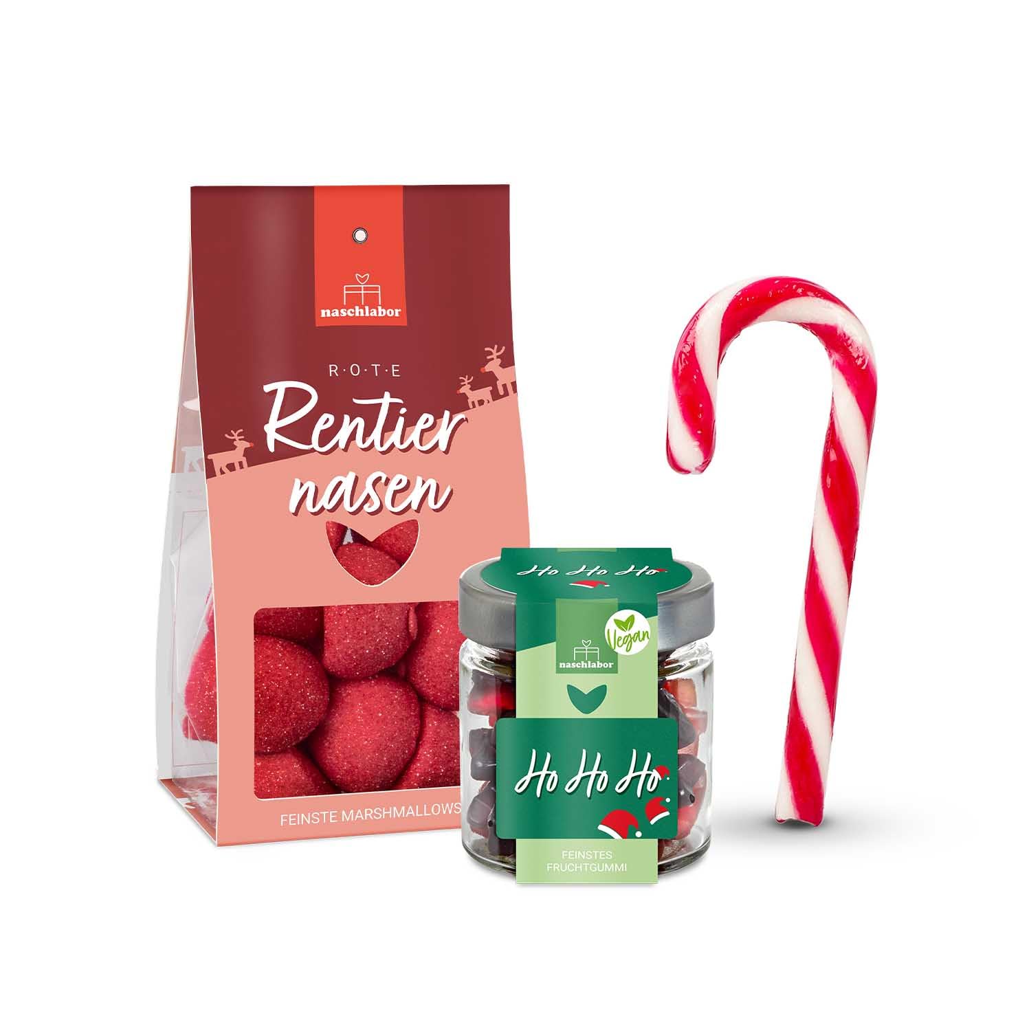 3er Set Zuckerstange, Marshmallows Rentiernasen & vegane Fruchtgummis Ho Ho Ho | Festliches Weihnachts-Set | Geschenkidee für Kinder, Freunde & Kollegen | Perfekt für Advent, Nikolaus & Weihnachten