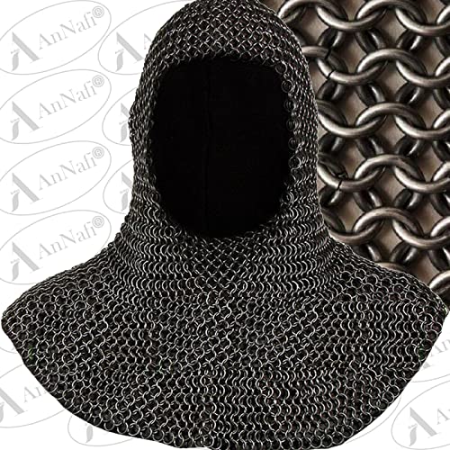 Image of AnNafi Chainmail Coif Iron Steel U-Neck Chain Mail Hood Medieval Templar Crusader Re-enacment Armor Costume Black Coif Armour Wearable For Adult Replica Costumes For SCA LARP Reenactment