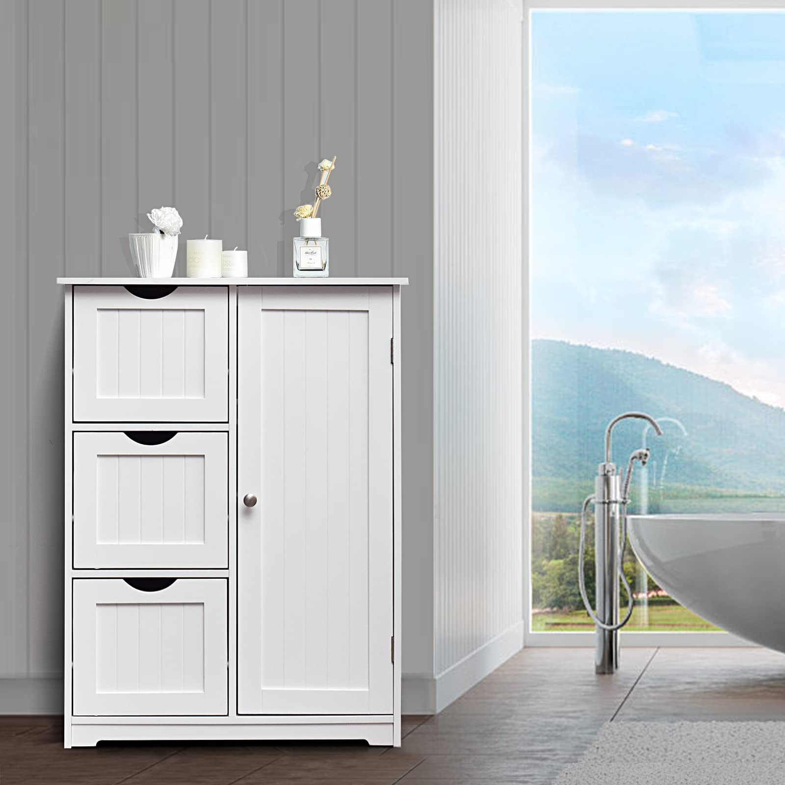 COSTWAY Drewniana szafka łazienkowa, z 3 szufladami i 1 drzwiami, szafka dolna z 3 pozycjami, regulowana półka, szafka do przechowywania do salonu, łazienki, 60 x 30 x 81 cm (biała)