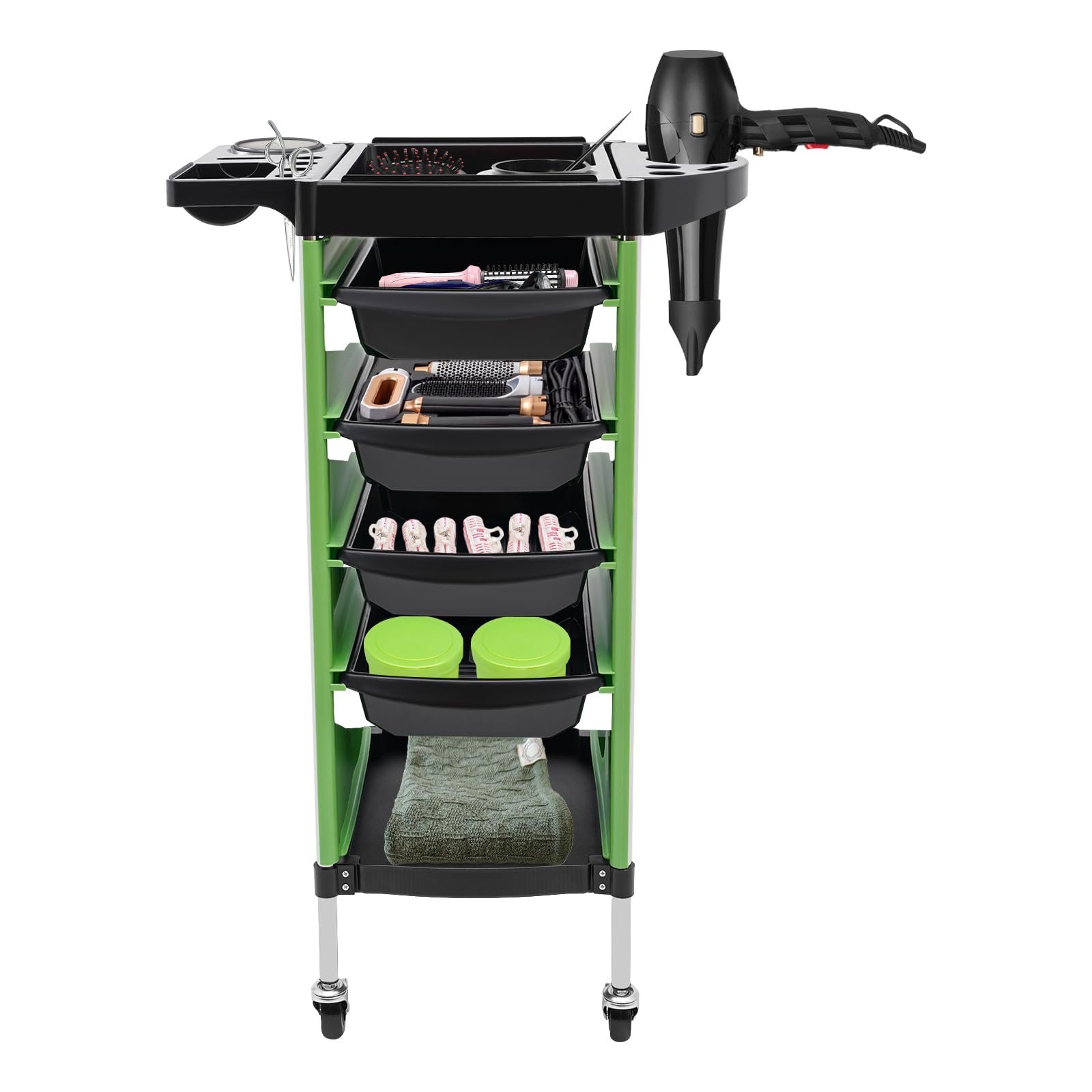 6 Etagen Friseurwagen, 37 * 34 * 88cm Salon Rollwagen Mit 4 Ausziehbaren Schubladen, Rollwagen Mit Fönhalter, Salonwagen Kosmetikwagen Für Stylist|Friseur (Grün)