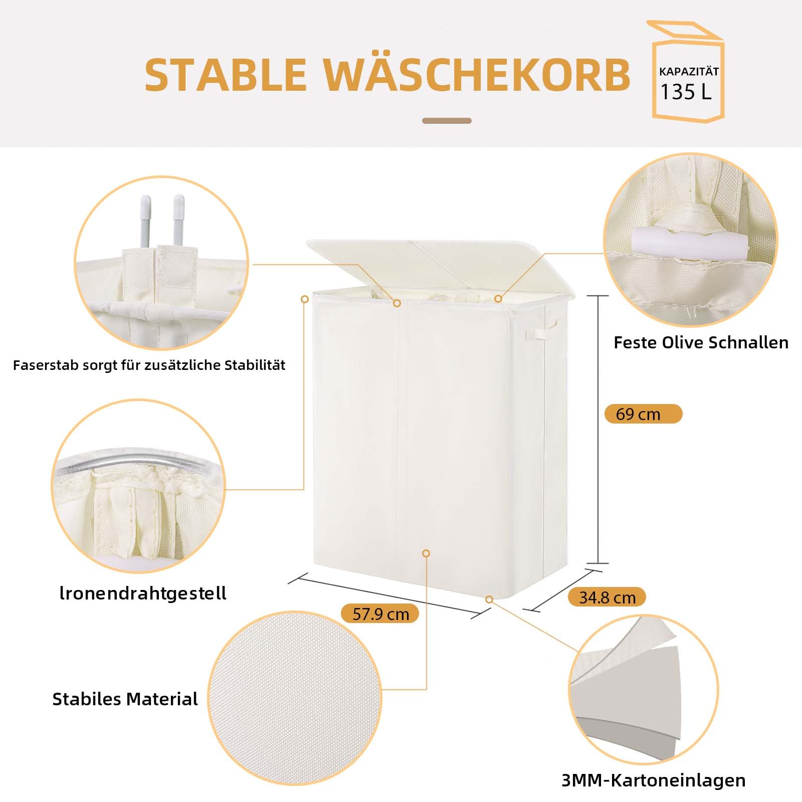 Wäschekorb mit Deckel 135L, Große Wäschesammler 2 Fächer mit Griffen, Beige | Wäschesortierer und Herausnehmbaren Wäschesäcken, Faltbarer Wäschetrenner für Badezimmer, Schlafzimmer und Waschküche