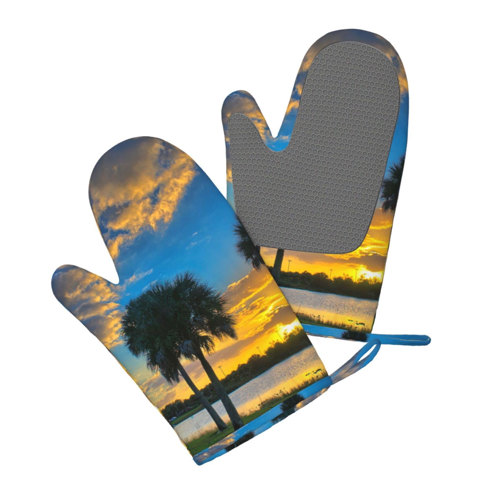 Silicone Oven Mitts Set 2PCS, Sunset Over Lake Broward County Printed Heat Resistant Non-Slip Silicone Oven Gloves for Kitchen Cooking Baking Microwave