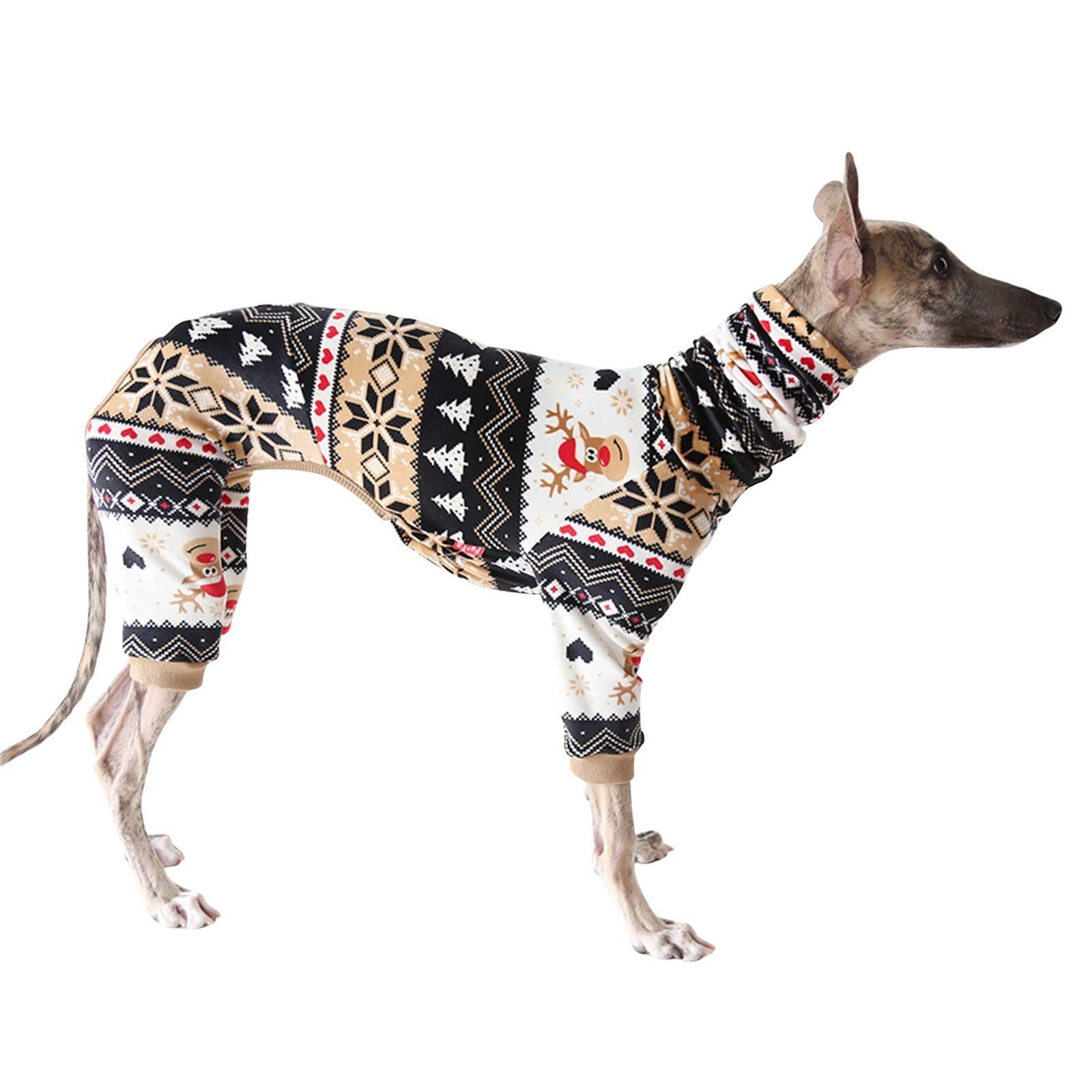 Lightweight Italian Greyhound Jumper，Turtleneck Whippet Four-Legs Cotton Pajamas Soft Dog Onesie Loungewear Dogs Jumpsuit,Brown Christmas_L