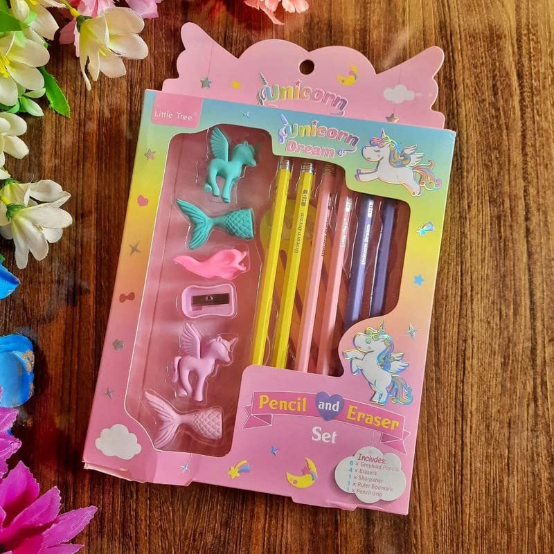 Image of Crackles Unicorn Stationary Kit with Pencils, Erasers, Sharpener, Ruler Bookmark, Pencil Grip Combo Set for Best Return Gift