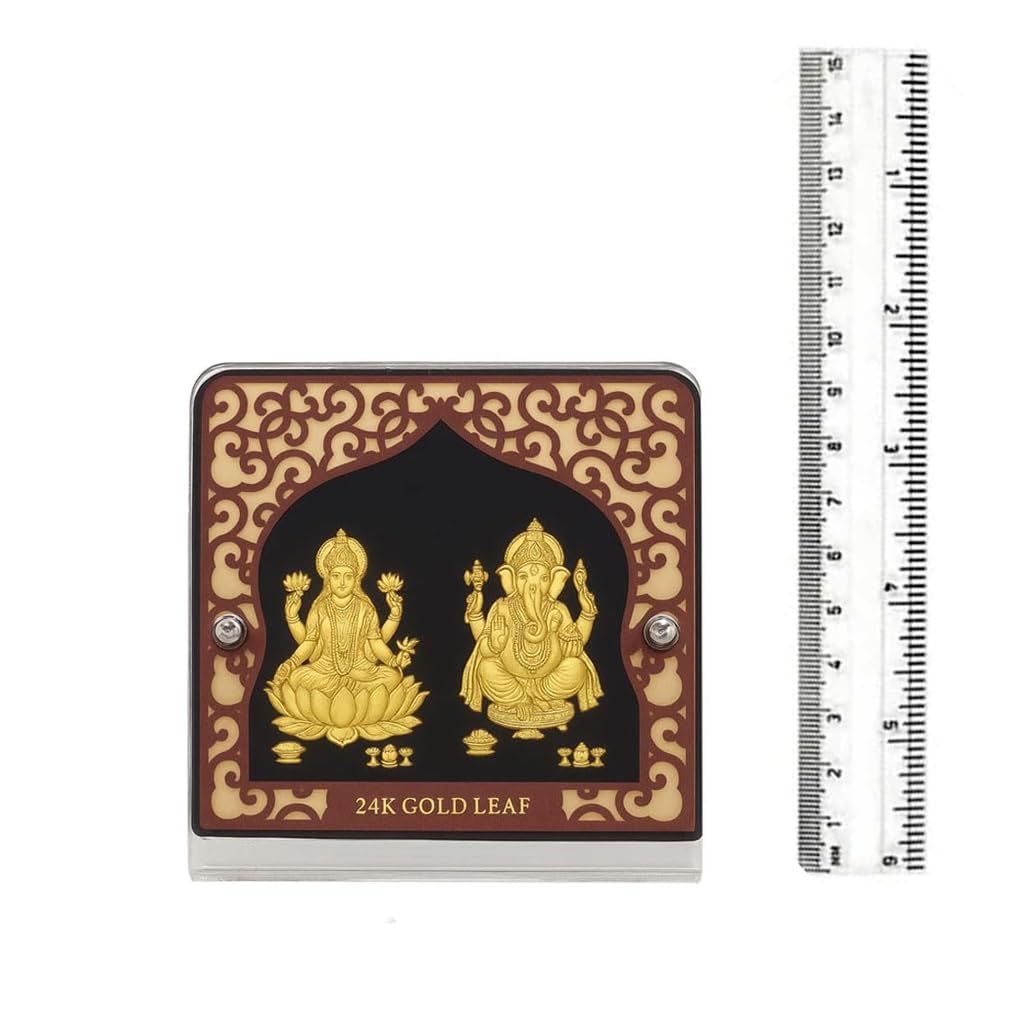 Pozłacane szkło Lakshmi Blat Ganesh Murti Idol Frame | Laxmi Ganesha zdjęcie | świątynia, dekoracja stołu, dekoracja ścienna | prezenty Diwali i parapetówki | biurko biurowe, deska