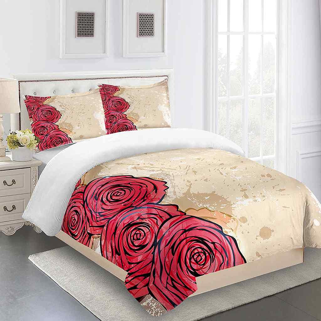 King Size 230 x 220 cm nadruk 3D czerwony wzór róży zestaw poszewek na kołdrę dla chłopców dziewcząt dorosłych zestaw pościeli z 2 poszewkami na poduszki łatwa pielęgnacja mikrofibra poszewka na kołdrę z zamkiem błyskawicznym