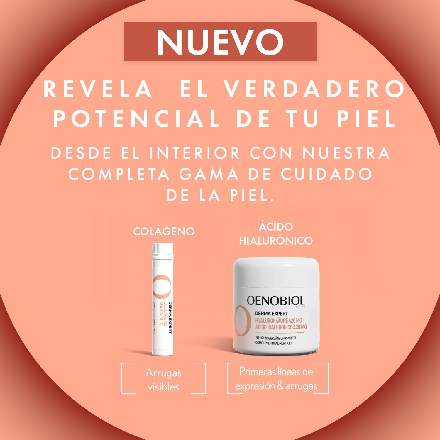 OENOBIOL - DERMA EXPERT COLÁGENO MARINO 10G - Complemento Alimenticio Antienvejecimiento, Antiarrugas y Elasticidad de la Piel, Sabor Naranja-Melocotón, 10 Shots Líquidos