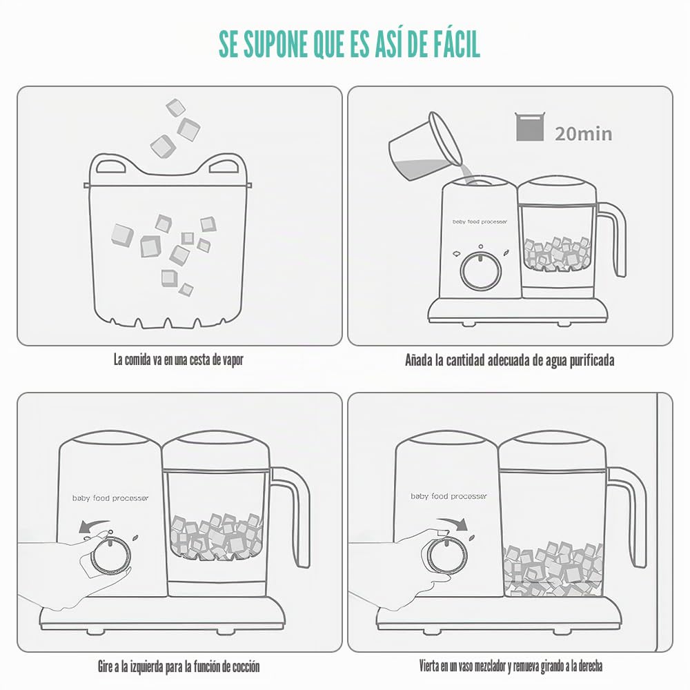 Robot Cocedor Mezclador para Bebés, Batidora para bebé Multifuncional con Cesta de Vapor, Cuchilla de Acero Inoxidable 304 para la Preparación de Purés Caseros y de Frutas para Bebé, Sin BPA