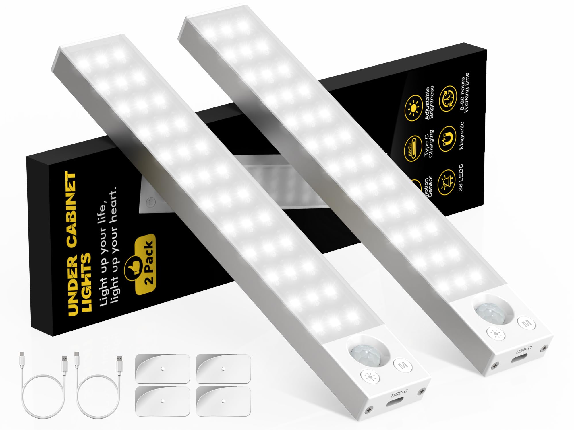 Under Cabinet Lighting 1800mAh Long Battery Life,2 Pack Dimmable Motion Sensor Light Indoor,USB C Rechargeable Under Cabinet Lights Wireless,Under Counter Lights for Kitchen Drawers, Wardrobe, Stair